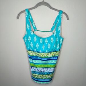 Lands End Tankini Swim Top Womens 10D Turquoise Blue Striped Shelf Bra Support